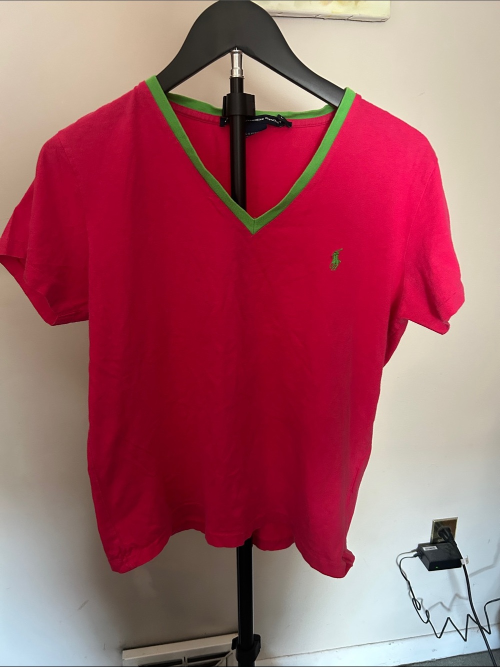Ralph Lauren Hot Pink V-Neck Tee with Green Trim